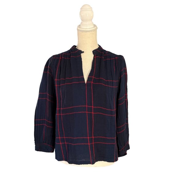 NWT Trovata Birds of Paradis Bailey Blouse XS navy blue red windowpane plaid - Picture 3 of 12